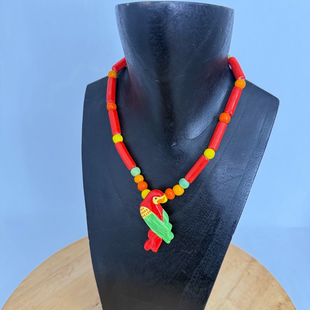 Vintage 70s Parrot Pearls Ceramic Necklace Beaded Parrot Pendant Red Whimsy Bird